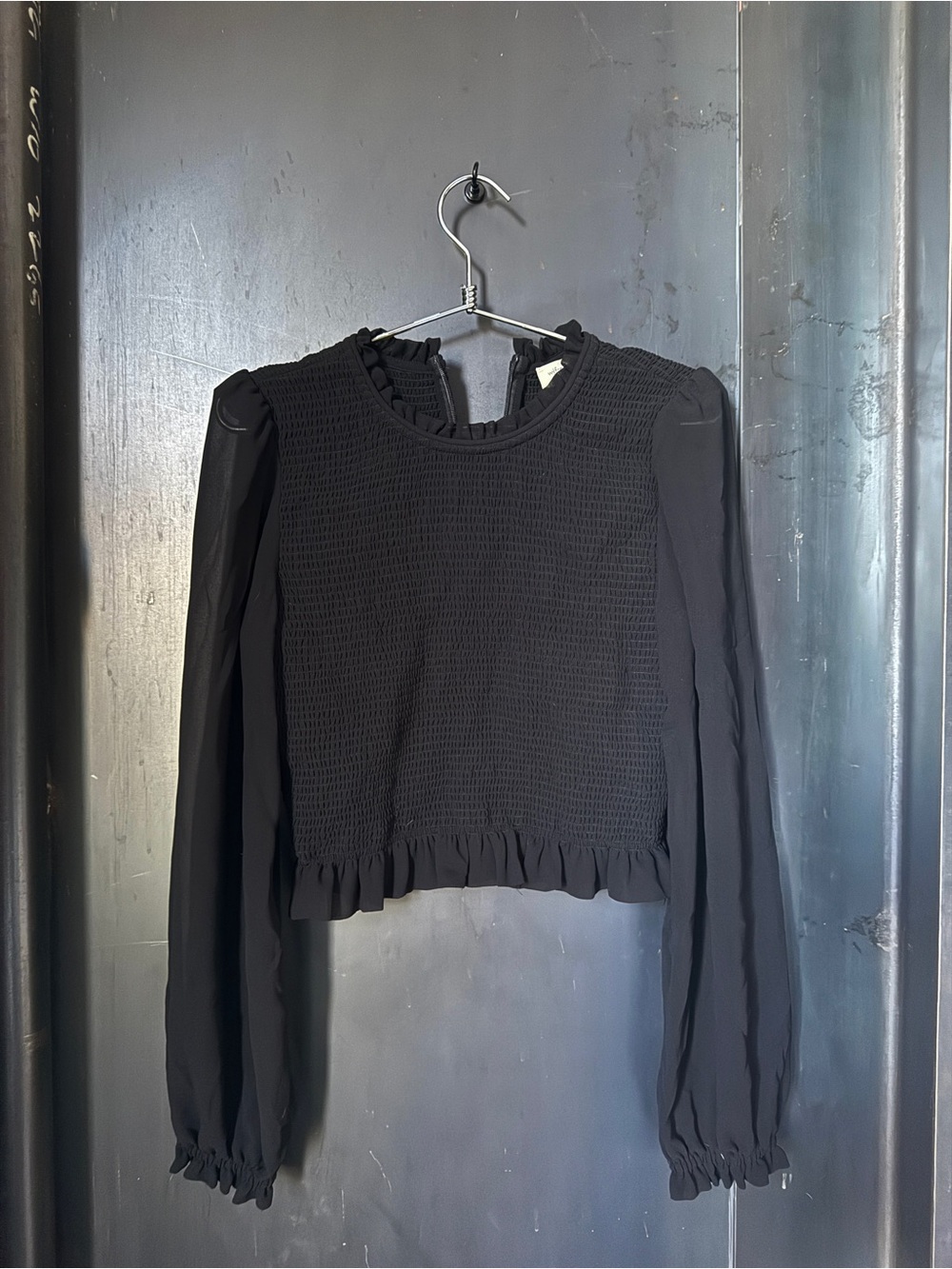 Wilfred Black Smocked Ruffle-Hem Long Sleeve Blouse